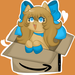 Size: 2048x2048 | Tagged: safe, artist:sinnamonsol, derpibooru exclusive, oc, earth pony, pony, amazon.com, bow, box, cardboard box, cute, hair bow, high res, leaning, looking up, ocbetes, open mouth, orange background, ponified, pony in a box, simple background, smiling, solo
