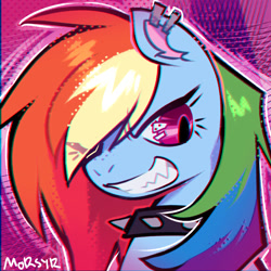 Size: 1000x1000 | Tagged: safe, artist:morsyr, rainbow dash, pegasus, pony, g4, choker, ear piercing, emo, female, grin, icon, mare, piercing, sharp teeth, smiling, solo, spiked choker, teeth