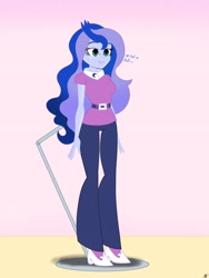 Size: 2900x3866 | Tagged: safe, artist:diegosagiro, princess luna, vice principal luna, human, equestria girls, g4, clothes, dialogue, doll, dollified, english, female, high res, inanimate tf, multiple variants, pedestal, solo, toy, transformation