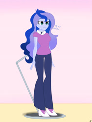 Size: 2900x3866 | Tagged: safe, alternate version, artist:diegosagiro, princess luna, vice principal luna, human, equestria girls, g4, clothes, dialogue, doll, dollified, english, female, high res, inanimate tf, multiple variants, partially undressed, pedestal, solo, toy, transformation, undressing