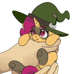 Size: 2339x2425 | Tagged: safe, alternate version, artist:rokosmith26, oc, oc only, oc:mystery brew, pony, unicorn, commission, hand, hat, high res, holding a pony, simple background, solo, transparent background, witch hat, ych result