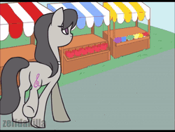 Size: 1440x1080 | Tagged: safe, artist:zeffdakilla, octavia melody, oc, oc:raspberry serenade, earth pony, pony, unicorn, g4, :3, ><, animated, apple, apple stand, bowtie, butt, canon x oc, duo, eyes closed, female, floppy ears, flower stand, food, gradient background, grass, head in hooves, in love, jaw drop, lesbian, lip sync, looking at each other, looking at someone, looking at you, mare, music, octavia's bowtie, plot, sad, seduction, shipping, sitting, smiling, sound, stand, stressed, swirly eyes, tail, tail seduce, walking, watermark, webm