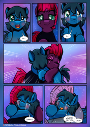 Size: 2480x3508 | Tagged: safe, artist:dsana, fizzlepop berrytwist, tempest shadow, oc, oc:lullaby dusk, pegasus, pony, unicorn, comic:a storm's lullaby, g4, crying, cute, dream, female, filly, foal, high res, hug, mare, weapons-grade cute, wholesome