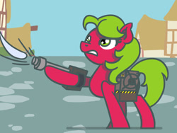 Size: 1800x1350 | Tagged: safe, artist:flutterluv, part of a set, plasmane, earth pony, pony, g4, atg 2023, ghostbusters, newbie artist training grounds, ponyville, proton pack, solo