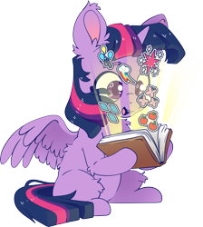 Size: 3319x3708 | Tagged: safe, artist:cutepencilcase, twilight sparkle, alicorn, pony, g4, book, cute, cutie mark, ear fluff, female, fluffy, happy, high res, horn, mare, open mouth, open smile, simple background, sitting, smiling, solo, spread wings, transparent background, twiabetes, twilight sparkle (alicorn), white background, wings
