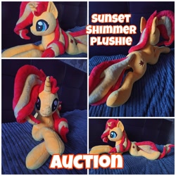 Size: 2560x2560 | Tagged: safe, artist:kuroran, sunset shimmer, pony, unicorn, g4, advertisement, auction, craft, high res, irl, lying down, multiple views, photo, plushie, prone