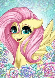 Size: 405x573 | Tagged: safe, artist:nuumia, fluttershy, pegasus, pony, g4, bust, cute, female, floppy ears, flower, heart, heart eyes, looking at you, mare, open mouth, portrait, shyabetes, smiling, solo, wingding eyes