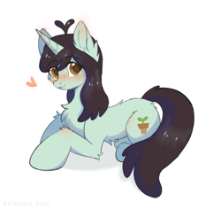 Size: 1795x1698 | Tagged: safe, artist:belkaart0w0, sprout greenhoof, pony, unicorn, g4, blushing, chest fluff, cute, ear fluff, female, heart, las pegasus resident, lying down, mare, prone, simple background, solo, white background