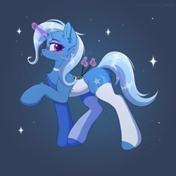 Size: 1603x1606 | Tagged: safe, alternate version, artist:belkaart0w0, trixie, pony, unicorn, g4, :p, bedroom eyes, blue background, blushing, chest fluff, choker, clothes, corset, cute, diatrixes, ear fluff, eyeshadow, female, glowing, glowing horn, horn, makeup, mare, raised hoof, simple background, socks, solo, stockings, thigh highs, tongue out