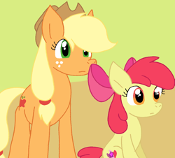 Size: 980x884 | Tagged: safe, artist:cmara, apple bloom, applejack, earth pony, pony, g4, adorabloom, apple sisters, cute, female, filly, foal, jackabetes, mare, siblings, sisters