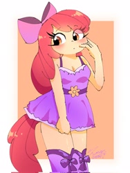 Size: 1537x2048 | Tagged: safe, artist:leo19969525, apple bloom, human, g4, apple bloom's bow, blushing, boots, bow, breasts, cleavage, clothes, dress, female, hair bow, humanized, ponytail, shoes, socks, solo, tail, tailed humanization, thigh highs, thigh socks