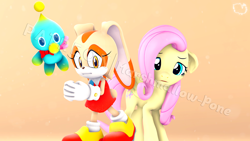 Size: 1280x720 | Tagged: safe, artist:marshmallow-pone, fluttershy, chao, pegasus, pony, rabbit, g4, animal, cheese the chao, cream the rabbit, crossover, female, food, obtrusive watermark, sonic the hedgehog (series), trio, watermark
