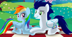 Size: 1980x1020 | Tagged: safe, artist:mlplary6, rainbow dash, soarin', pegasus, pony, g4, blushing, boyfriend and girlfriend, female, looking at each other, looking at someone, love, lying down, male, mare, picnic blanket, ship:soarindash, shipping, smiling, smiling at each other, stallion, straight