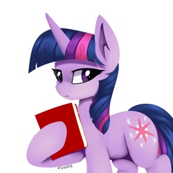 Size: 2000x2000 | Tagged: safe, artist:fv0003, twilight sparkle, pony, unicorn, g4, book, female, high res, holding, horn, looking at you, mare, signature, simple background, solo, unicorn twilight, white background