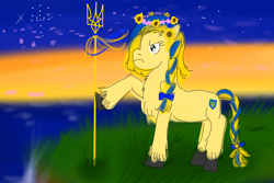 Size: 4200x2800 | Tagged: safe, artist:horsesplease, oc, oc:ukraine, grass, nation ponies, ocean, stars, trident, ukraine, vinok, water, wreath