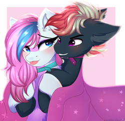 Size: 3442x3350 | Tagged: safe, artist:2pandita, oc, oc:dyn, oc:treading step, pegasus, pony, :p, bedroom eyes, blanket, blushing, collar, eyeshadow, female, grin, high res, holding hooves, hug, hug from behind, makeup, male, mare, multicolored mane, oc x oc, pegasus oc, shipping, simple background, smiling, snuggling, stallion, straight, tongue out