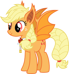 Size: 3000x3226 | Tagged: safe, artist:cloudy glow, gameloft, idw, applejack, bat pony, pony, g4, night of the living apples, .ai available, alternate cutie mark, alternate hairstyle, applebat, bat ponified, bat wings, female, high res, idw showified, mare, ponytail, race swap, red eyes, simple background, solo, transparent background, vector, wings