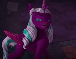 Size: 1390x1080 | Tagged: safe, edit, edited screencap, screencap, opaline arcana, alicorn, pony, g5, my little pony: make your mark, my little pony: make your mark chapter 4, sunny side up, spoiler:g5, spoiler:my little pony: make your mark, spoiler:my little pony: make your mark chapter 4, spoiler:mymc04e04, animated, coughing, cropped, evil laugh, female, laughing, maniacal laugh, mare, solo, sound, the isle of scaly (location), trotting, webm