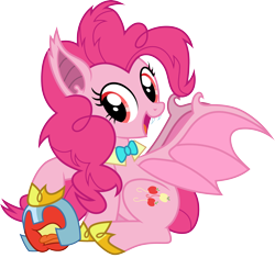 Size: 3190x3000 | Tagged: safe, artist:cloudy glow, gameloft, idw, pinkie pie, bat pony, living apple, pony, g4, night of the living apples, .ai available, alternate cutie mark, apple, bat ponified, bat wings, bowtie, food, high res, idw showified, pinkiebat, race swap, red eyes, simple background, solo, transparent background, vector, wings