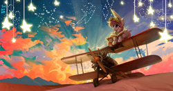 Size: 4096x2160 | Tagged: safe, artist:tinybenz, oc, oc only, oc:芳棠, fox, pegasus, pony, aviator goggles, book, clothes, colorful, desert, female, fimtale, flight suit, goggles, high res, implied mane six, looking away, mare, pilot, plane, quill, scenery, scenery porn, sitting, solo, stars, text, the little prince