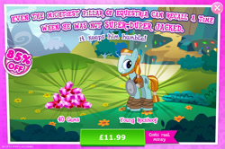 Size: 1961x1301 | Tagged: safe, gameloft, rockhoof, earth pony, pony, g4, my little pony: magic princess, advertisement, beard, clothes, colt, costs real money, english, facial hair, foal, gem, headband, introduction card, leg wraps, male, mobile game, numbers, sale, solo, text