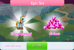 Size: 1267x862 | Tagged: safe, gameloft, rockhoof, earth pony, pony, g4, my little pony: magic princess, beard, bundle, clothes, colt, costs real money, english, epic set, facial hair, foal, gem, headband, leg wraps, male, mobile game, numbers, sale, solo, text