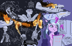 Size: 2886x1864 | Tagged: safe, artist:fly over, derpibooru exclusive, izzy moonbow, rainbowshine, oc, changeling, earth pony, pegasus, pony, unicorn, equestria at war mod, g4, g5, boat, clothes, comic, computer, earbuds, fire, flamethrower, helmet, keyboard, list, plane, poster, uniform, weapon