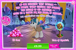 Size: 1958x1300 | Tagged: safe, gameloft, stygian, pony, unicorn, g4, my little pony: magic princess, advertisement, book, bush, clothes, costs real money, english, gem, horn, introduction card, male, mobile game, numbers, sale, solo, stallion, text