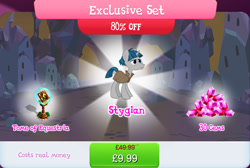 Size: 1270x854 | Tagged: safe, gameloft, stygian, pony, unicorn, g4, my little pony: magic princess, book, bundle, bush, clothes, costs real money, english, gem, horn, male, mobile game, numbers, sale, solo, stallion, text