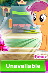 Size: 601x905 | Tagged: safe, gameloft, scootaloo, pegasus, pony, g4, my little pony: magic princess, the last problem, cropped, english, female, mare, meme, older, older scootaloo, screenshots of despair, solo, text, unavailable, wings, wow! glimmer
