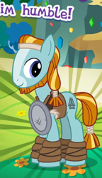 Size: 424x736 | Tagged: safe, gameloft, rockhoof, earth pony, pony, g4, my little pony: magic princess, beard, clothes, colt, cropped, english, facial hair, foal, headband, humble, leg wraps, male, meme, solo, stallion, text, wow! glimmer, younger