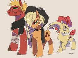 Size: 2048x1536 | Tagged: safe, artist:shimie96571, apple bloom, applejack, big macintosh, earth pony, pony, g4, angry, apple siblings, apple sisters, bandage, brother and sister, cigarette, female, filly, foal, male, mare, scar, scowl, siblings, simple background, sisters, stallion