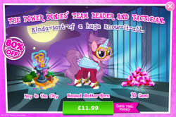 Size: 1958x1301 | Tagged: safe, gameloft, idw, masked matter-horn, pony, unicorn, g4, my little pony: magic princess, advertisement, bush, clothes, costs real money, costume, english, female, gem, goggles, idw showified, introduction card, key, mare, masked matter-horn costume, mobile game, numbers, power ponies, sale, solo, text