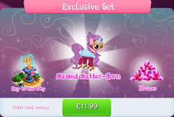 Size: 1268x856 | Tagged: safe, gameloft, idw, masked matter-horn, pony, unicorn, g4, my little pony: magic princess, bundle, bush, clothes, costs real money, costume, english, female, gem, goggles, idw showified, key, mare, masked matter-horn costume, mobile game, numbers, power ponies, sale, solo, text