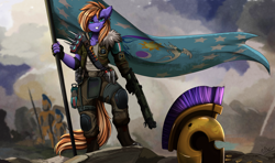 Size: 3280x1945 | Tagged: safe, artist:pridark, oc, pegasus, anthro, armor, flag of equestria, helmet, royal guard, signature, solo focus, weapon