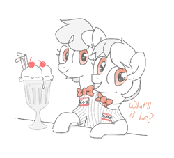 Size: 400x363 | Tagged: safe, artist:kleyime, oc, oc only, oc:eeny meeny, oc:miney moe, earth pony, pony, bowtie, cherry, cherry on top, clothes, conjoined, conjoined twins, female, food, ice cream, ice cream sundae, looking at you, mare, monochrome, multiple heads, name tag, siblings, sisters, soda jerk, sundae, text, twins, two heads, uniform