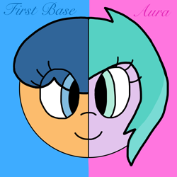 Size: 1920x1920 | Tagged: safe, artist:evelynthelovingheartgirl36, aura (g4), first base, earth pony, pegasus, pony, g4, adorabase, aurabetes, best friends, blue text, cute, duo, eye clipping through hair, female, filly, foal, friends, pegasus first base, pink text, race swap, rule 63, smiling, text, two sides