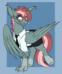 Size: 804x960 | Tagged: safe, artist:rockin_candies, oc, oc only, oc:cascade script, hippogriff, clothes, femboy, glasses, male, passepartout, secretary, skirt, wings