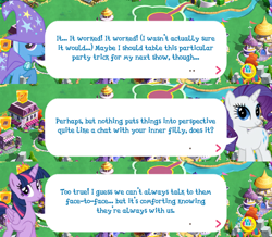 Size: 2048x1783 | Tagged: safe, gameloft, rarity, trixie, twilight sparkle, alicorn, pony, unicorn, g4, my little pony: magic princess, brooch, cape, clothes, dialogue, dialogue box, english, event, female, folded wings, hat, horn, jewelry, mare, mobile game, speech bubble, text, trixie's cape, trixie's hat, twilight sparkle (alicorn), wings