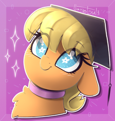 Size: 988x1037 | Tagged: safe, artist:llametsul, ms. harshwhinny, earth pony, pony, g4, atg 2023, blushing, bust, colored, cute, graduation cap, hat, ms. cutewhinny, newbie artist training grounds, signature, smiling, solo, starry eyes, wingding eyes