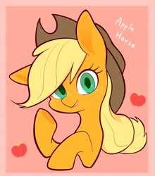 Size: 1804x2048 | Tagged: safe, artist:noupu, applejack, earth pony, pony, g4, bust, freckles, hat, looking at you, pink background, simple background, smiling, solo, text