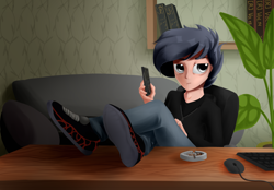 Size: 2640x1833 | Tagged: safe, artist:rainydark, oc, oc only, human, ashtray, cellphone, cigarette, computer mouse, full body, gobies, humanized, keyboard, legs on table, looking at each other, looking at someone, office, phone, smartphone, smoking, sofa bed, table