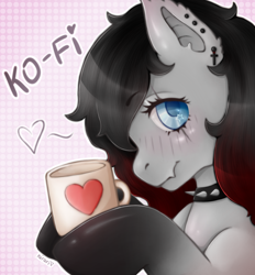 Size: 3010x3248 | Tagged: safe, artist:kirari_chan, oc, oc only, bat pony, pegasus, pony, advertisement, bat pony oc, blushing, bust, choker, collar, commission, commissions open, cute, ear blush, ear piercing, earring, eye scar, facial scar, female, filly, foal, heart, high res, jewelry, ko-fi, looking at you, mug, pegasus oc, piercing, portrait, scar, simple background, smiling, solo