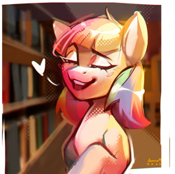 Size: 2395x2380 | Tagged: safe, artist:annna markarova, oc, oc only, pony, bookshelf, eyes closed, heart, high res, solo