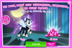 Size: 1960x1302 | Tagged: safe, gameloft, zapp, pegasus, pony, g4, my little pony: magic princess, official, advertisement, aurora (zapp), clothes, costs real money, costume, english, female, gem, introduction card, jewelry, mare, mobile game, necklace, numbers, power ponies, sale, solo, spread wings, text, wings