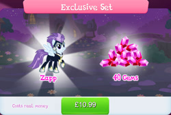 Size: 1266x858 | Tagged: safe, gameloft, zapp, pegasus, pony, g4, my little pony: magic princess, official, aurora (zapp), bundle, clothes, costs real money, costume, english, female, gem, jewelry, mare, mobile game, necklace, numbers, power ponies, sale, solo, spread wings, text, wings