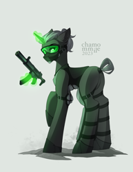 Size: 3153x4089 | Tagged: safe, artist:chamommile, oc, oc only, earth pony, pony, armor, clothes, ear fluff, earth pony oc, full body, glasses, green eyes, grey skin, gun, looking at you, magic, male, mask, ponytail, short hair, simple background, solo, weapon