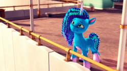 Size: 3840x2160 | Tagged: safe, artist:psfmer, misty brightdawn, pony, unicorn, g5, 3d, coat markings, cute, female, freckles, high res, looking up, mare, mistybetes, pale belly, smiling, socks (coat markings), solo, source filmmaker