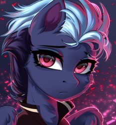 Size: 1907x2048 | Tagged: safe, artist:hakaina, oc, oc:midnight runner, pegasus, pony, bust, cheek fluff, ear fluff, eyelashes, female, fluffy, lighting, mare, neck fluff, partially open wings, red eyes, shading, signature, solo, wings
