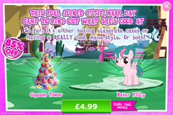 Size: 1961x1301 | Tagged: safe, gameloft, tulip swirl, pegasus, pony, g4, my little pony: magic princess, official, advertisement, blank flank, costs real money, cupcake, english, female, filly, foal, food, introduction card, mobile game, numbers, sale, solo, text, wings